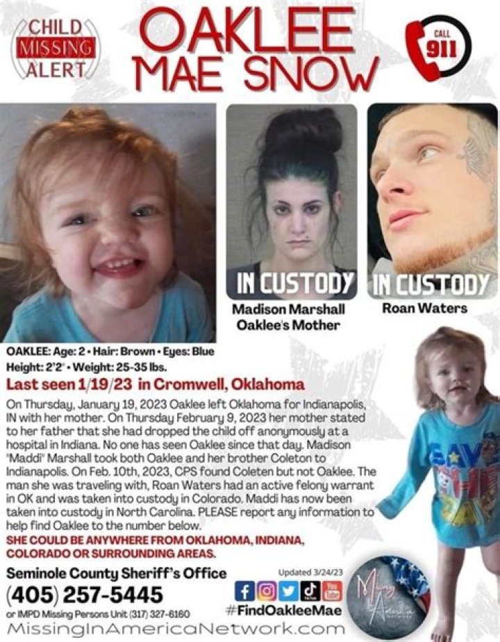 Oaklee Mae Snow Missing Girl Found Dead: Mother Madison Marshall Arrested and Charged