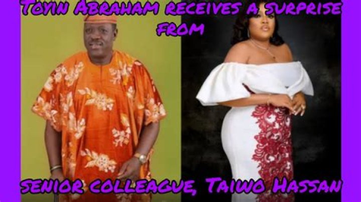 
Toyin Abraham receives a surprise from senior colleague, Taiwo Hassan 